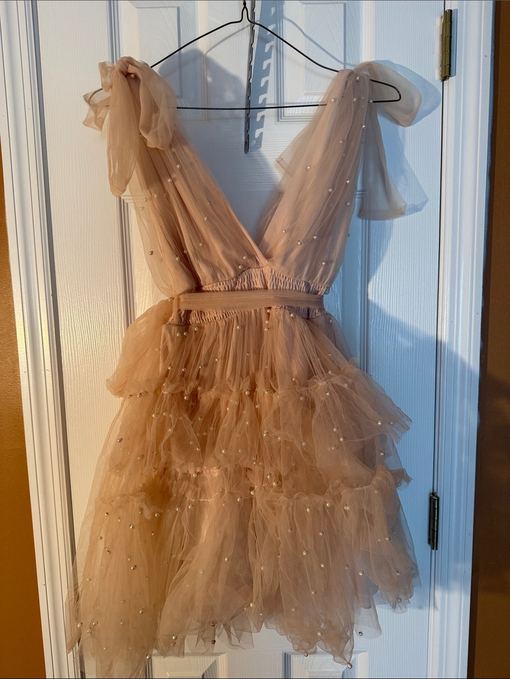 Peach Tulle Party Dress with Pearl Accents - Picture 6 of 6